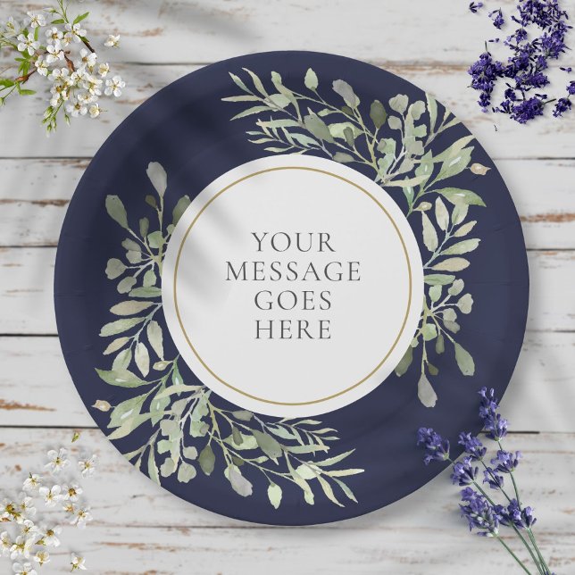 Personalized Elegant Navy Blue Gold Greenery Paper Plates (Creator Uploaded)