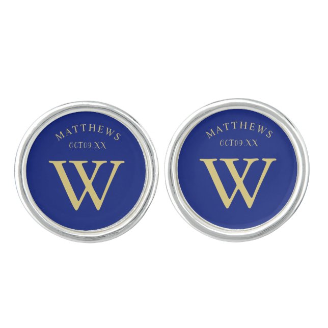 Personalized Elegant navy blue gold Monogram Cufflinks (Front)