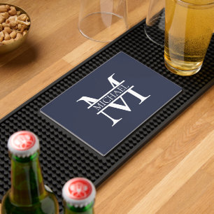 Personalized Elegant Navy Blue Monogram and Name Bar Mat