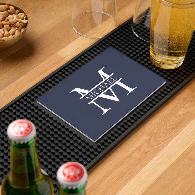 Personalized Elegant Navy Blue Monogram and Name Bar Mat (Insitu (Bar 2))