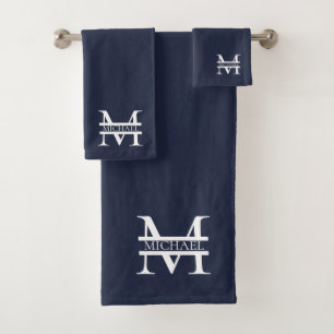 Personalized Elegant Navy Blue Monogram and Name Bath Towel Set