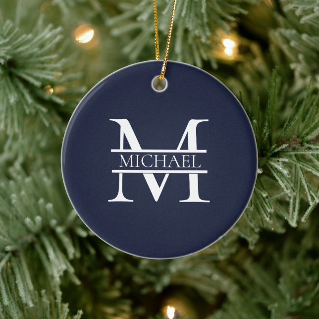 Personalized Elegant Navy Blue Monogram and Name Ceramic Ornament (Tree)