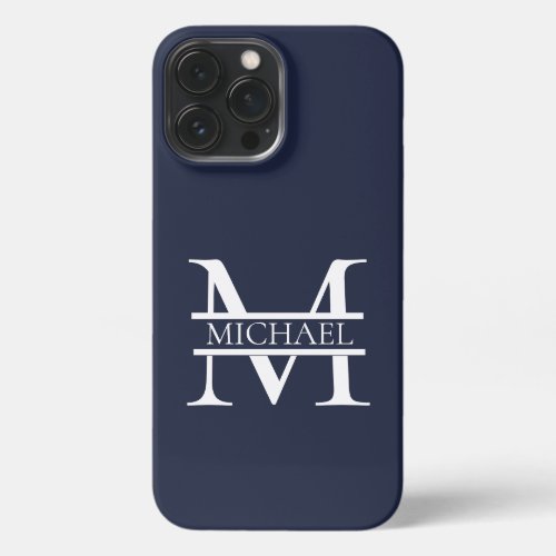 Personalized Elegant Navy Blue Monogram and Name iPhone 13 Pro Max Case