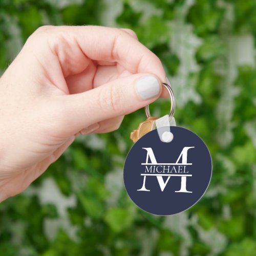 Personalized Elegant Navy Blue Monogram and Name Keychain