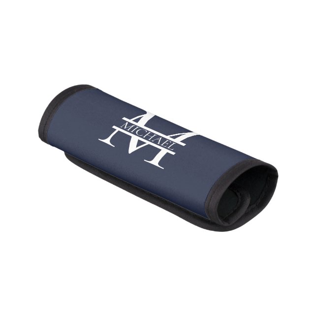 Personalized Elegant Navy Blue Monogram and Name Luggage Handle Wrap (Angled)