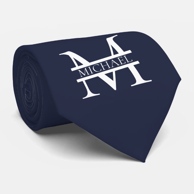 Personalized Elegant Navy Blue Monogram and Name Neck Tie (Rolled)