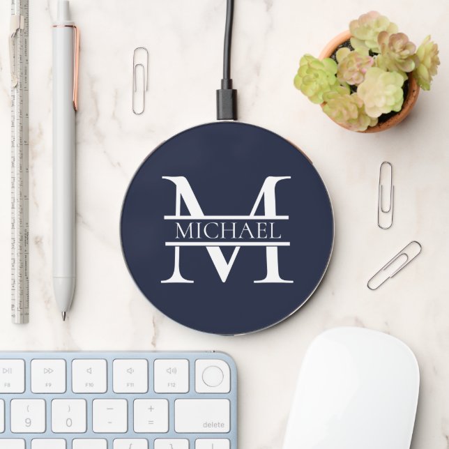 Personalized Elegant Navy Blue Monogram and Name Wireless Charger (Desk)