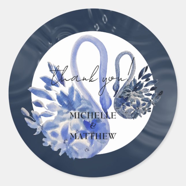 Personalized Elegant Navy Blue Swans Wedding Classic Round Sticker (Front)
