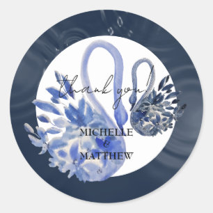 Personalized Elegant Navy Blue Swans Wedding Classic Round Sticker