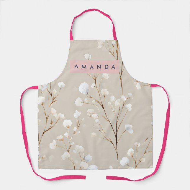 Personalized Elegant Neutral Cotton Blossom Apron (Front)