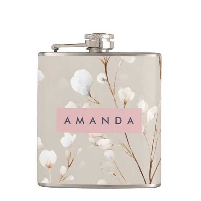 Personalized Elegant Neutral Cotton Blossom Flask (Front)