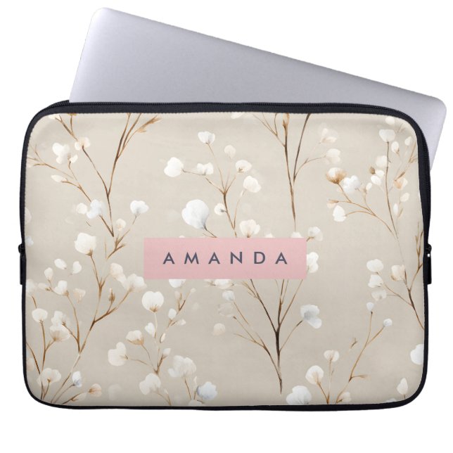 Personalized Elegant Neutral Cotton Blossom Laptop Sleeve (Front)