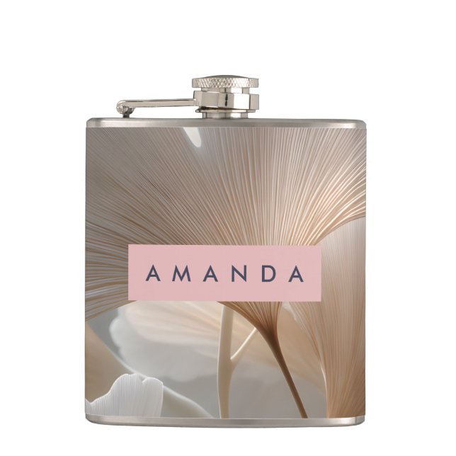 Personalized Elegant Neutral Ginkgo Leaves Flask (Front)
