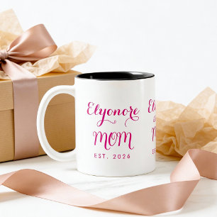 Personalized Elegant New Mom Name Est Pink Script  Two-Tone Coffee Mug