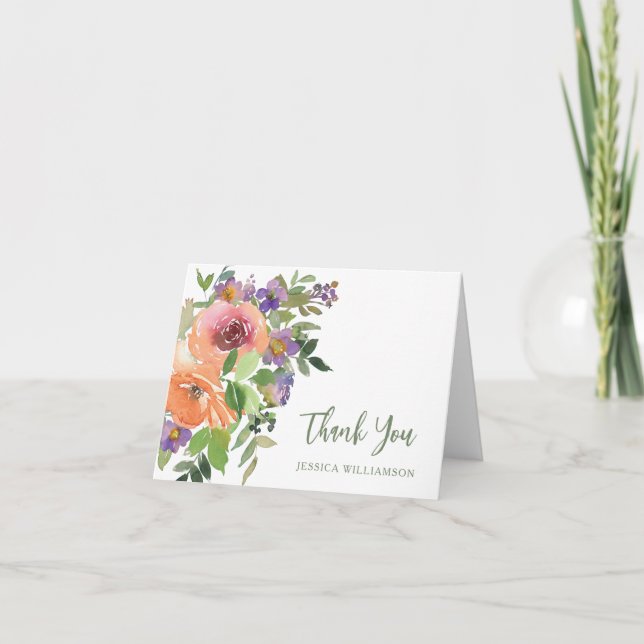 Personalized Elegant Orange Floral Watercolor Chic Thank You Card (Front)