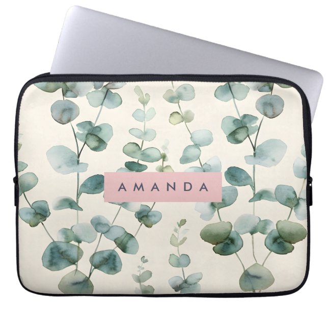 Personalized Elegant Pastel Eucalyptus Leaves Laptop Sleeve (Front)