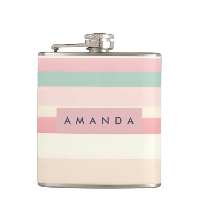 Personalized Elegant Pastel Macaron Stripe Flask (Front)