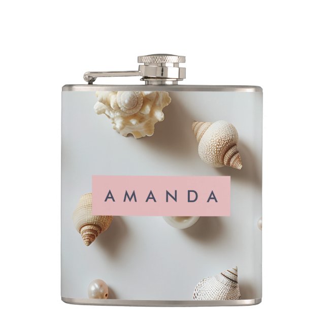 Personalized Elegant Pastel Seashell & Pearl Flask (Front)