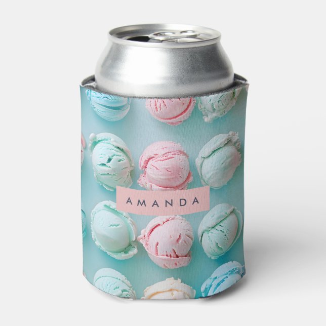 Personalized Elegant Pastel Stripe Ice Cream  Can Cooler (Can Front)