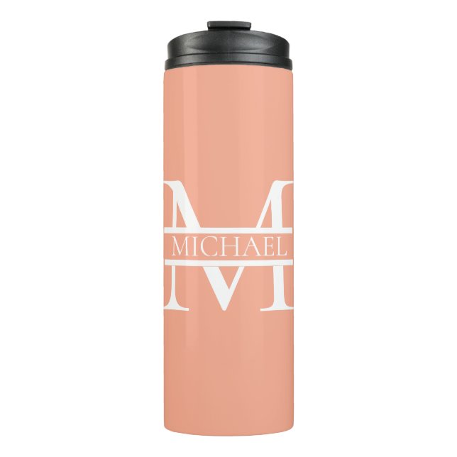 Personalized Elegant Peach Monogram and Name Thermal Tumbler (Front)