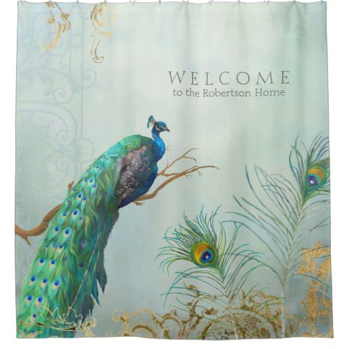 Personalized Elegant Peacock Feathers Tree Branch Shower Curtain