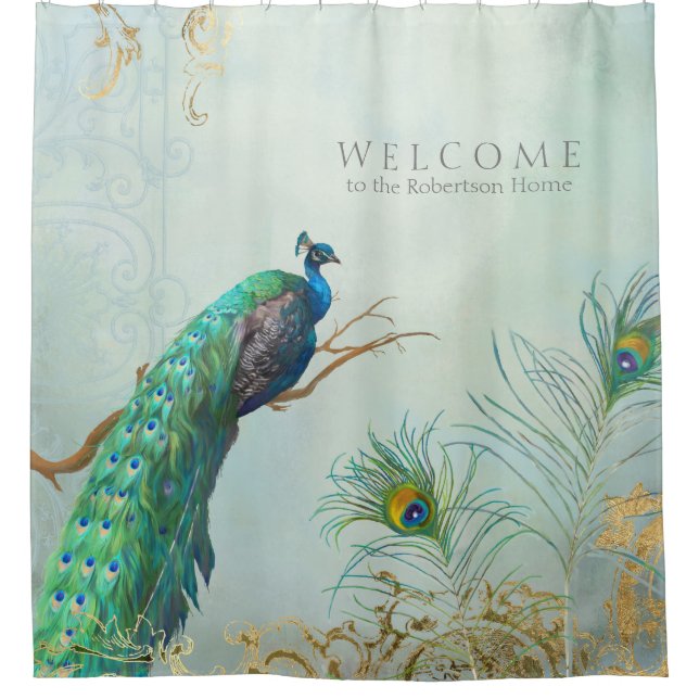 Personalized Elegant Peacock Feathers Tree Branch Shower Curtain (Front)