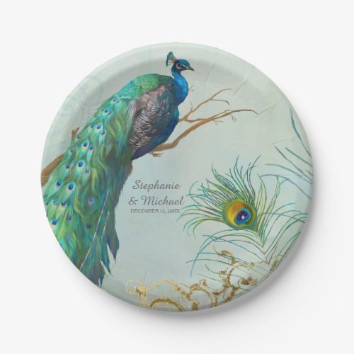 Personalized Elegant Peacock on Tree Branch Art Paper Plates