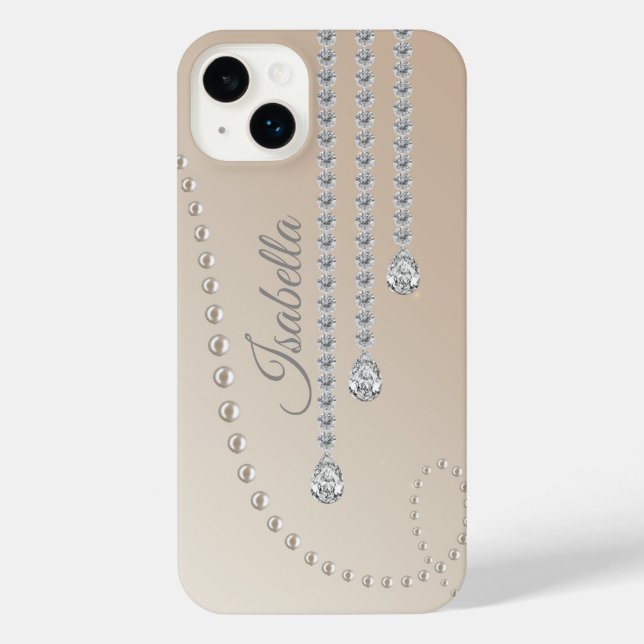 Personalized Elegant Pearl and Diamonds on Beige iPhone Case (Back)