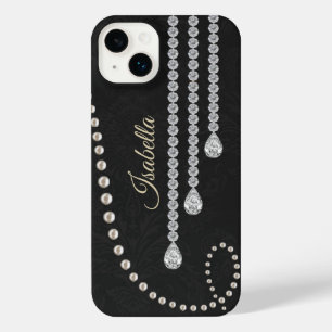 Personalized Elegant Pearl and Diamonds on Black N iPhone 14 Plus Case