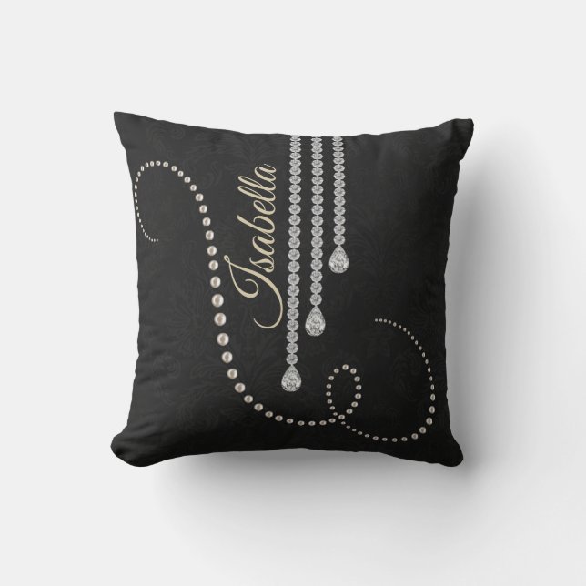 Personalized Elegant Pearl and Diamonds on Black N Throw Pillow (Front)