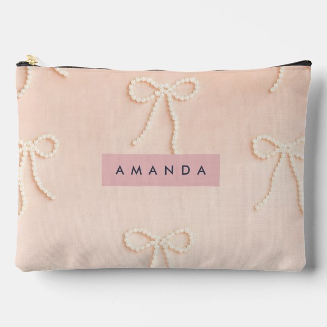 Personalized Elegant Pearl Bow in Soft Blush Accessory Pouch (Front)