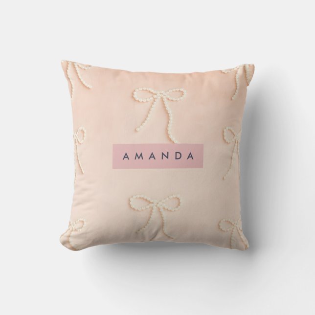 Personalized Elegant Pearl Bow in Soft Blush Throw Pillow (Front)