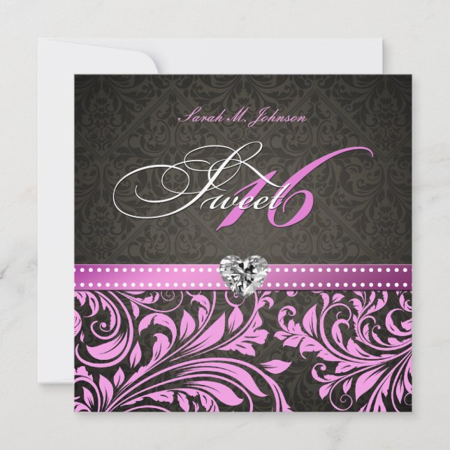 Personalized Elegant Pink & Black Damask Sweet 16 Invitation (Front)