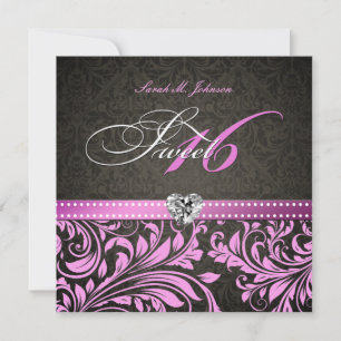 Personalized Elegant Pink & Black Damask Sweet 16 Invitation