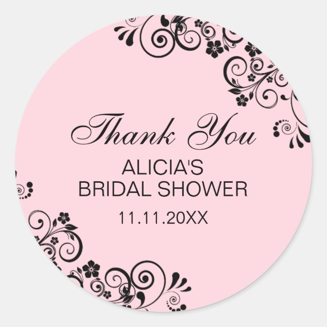 Personalized Elegant Pink Bridal Shower Thank You Classic Round Sticker (Front)