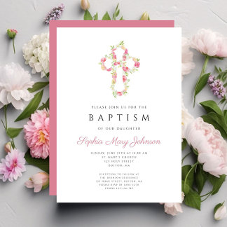 Personalized Elegant Pink Floral Cross Baptism Invitation