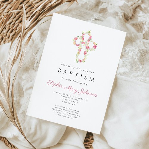 Personalized Elegant Pink Floral Cross Baptism Invitation