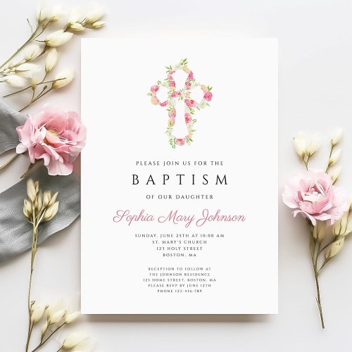 Personalized Elegant Pink Floral Cross Baptism Invitation