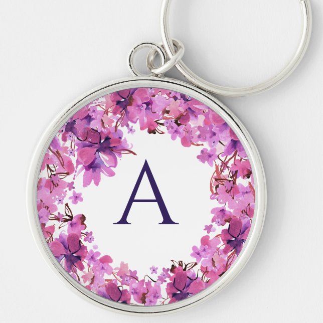 Personalized Elegant Pink Floral Monogram Keychain (Front)