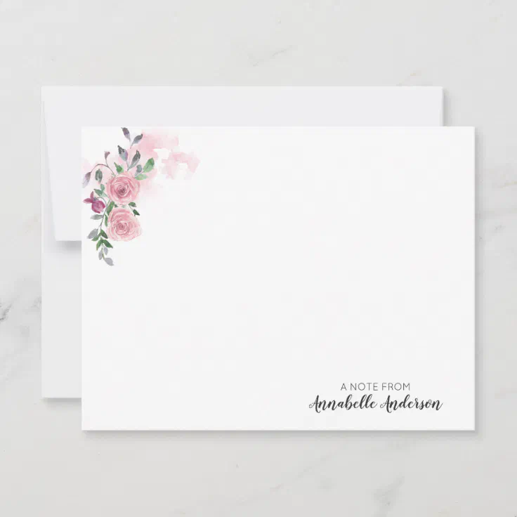 Personalized Elegant Pink Floral Rose Watercolor Note Card | Zazzle