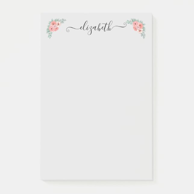 Personalized Elegant Pink Floral Script  Post-it Notes (Front)