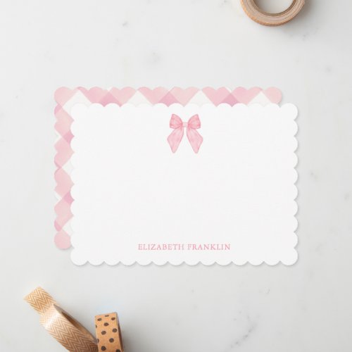 Personalized Elegant Pink Gingham Watercolor Bow Note Card