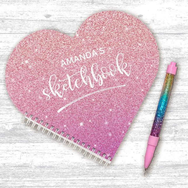 Personalized Elegant Pink Glitter Sketchbook Notebook (A cute pink glitter sketchbook makes a great gift for a girl, especially for Valentine's Day!)
