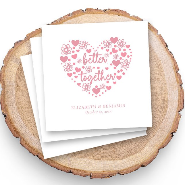 Personalized Elegant Pink Heart and Flower Wedding Napkins (Elegant Wedding Napkins with Pink Hearts & Flowers)