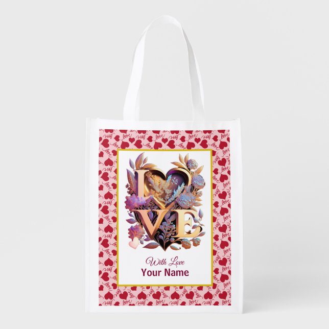 Personalized Elegant Pink Hearts Grocery Bag (Front)