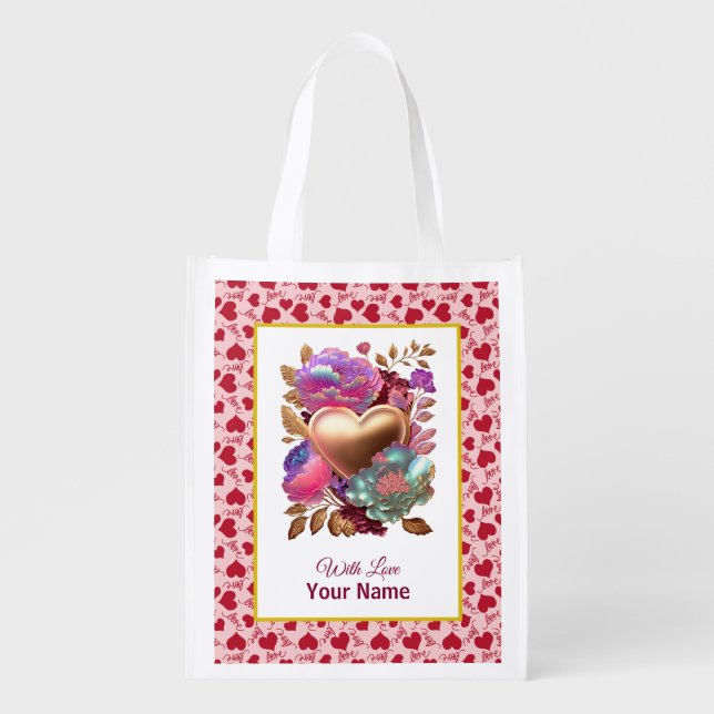 Personalized Elegant Pink Hearts Grocery Bag (Front)