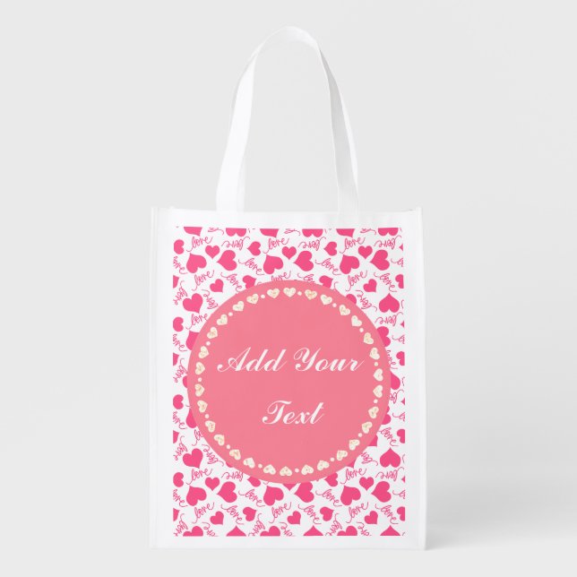Personalized Elegant Pink Hearts Grocery Bag (Front)