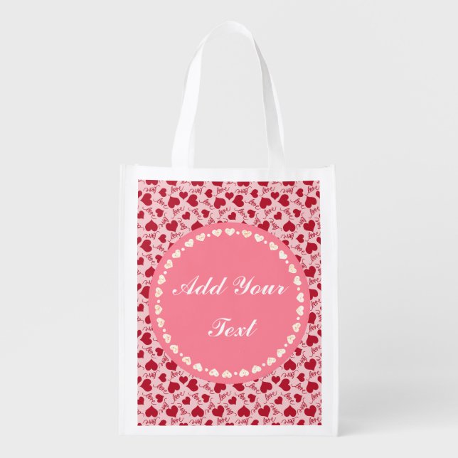 Personalized Elegant Pink Hearts Grocery Bag (Front)