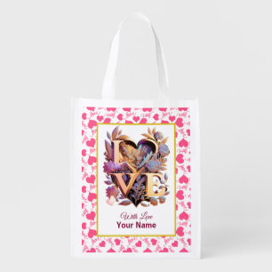 Personalized Elegant Pink Hearts Grocery Bag