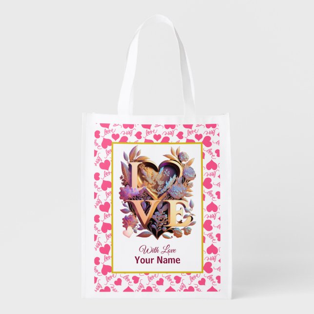Personalized Elegant Pink Hearts Grocery Bag (Front)